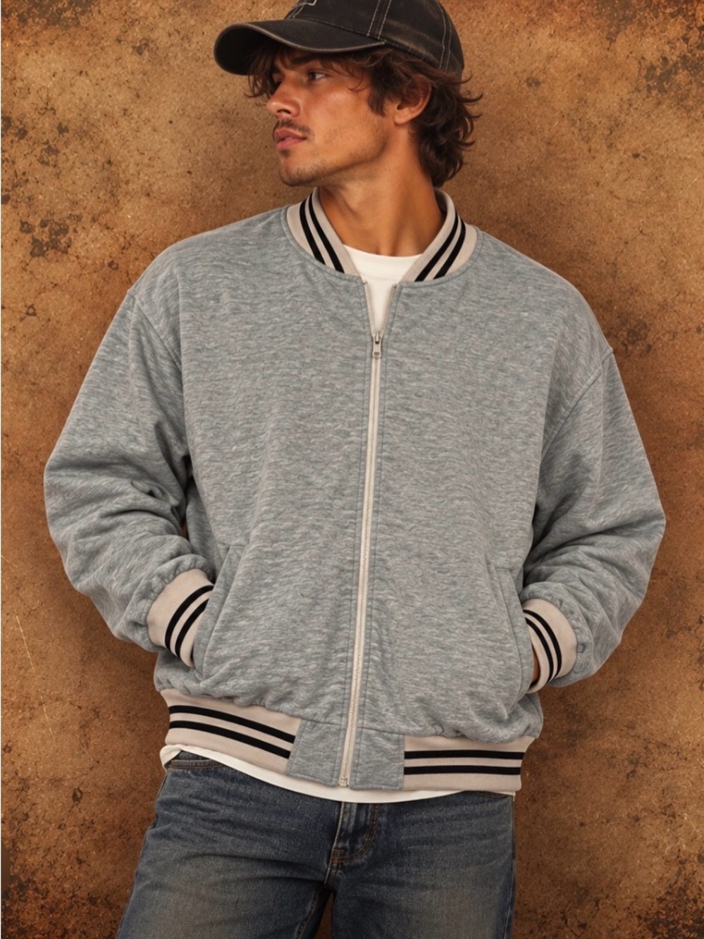 Vintage Men's Grey Bomber Jacket with Striped Trim